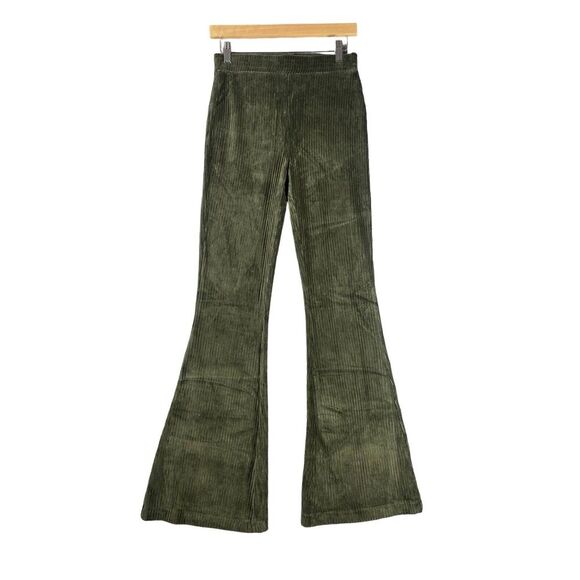 Aerie Groove-On‎ High Waisted Velour Pants Ribbed Flare Pull On Olive Daze Small - Picture 2 of 8